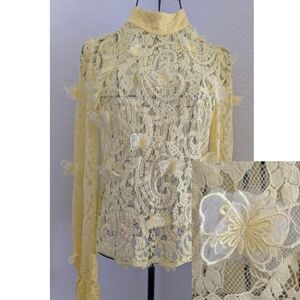 Delicate Yellow Lace Butterfly Long-Sleeve Top